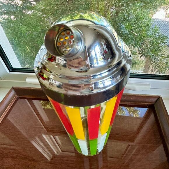 Mid-CenturyOrange and Green Striped Glass Cocktail Shaker w/ Chrome Top, 10” - Picture 7 of 16